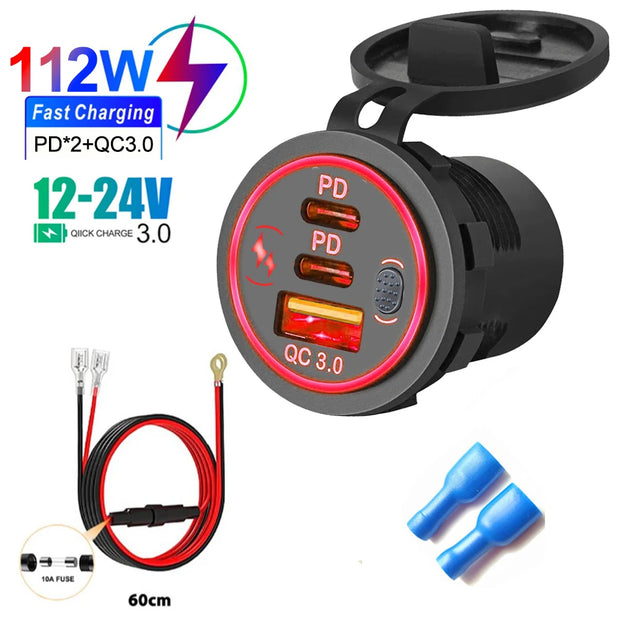 Car Charger Socket PD3.0 & QC3.0 Double USB C Ports Waterproof with LED Touch Switch 78W Fast Charging 12V/24V For Moto Adapter