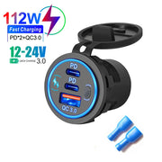 Car Charger Socket PD3.0 & QC3.0 Double USB C Ports Waterproof with LED Touch Switch 78W Fast Charging 12V/24V For Moto Adapter