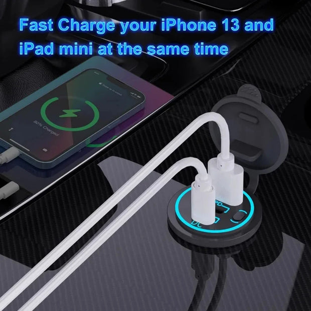 Car Charger Socket PD3.0 & QC3.0 Double USB C Ports Waterproof with LED Touch Switch 78W Fast Charging 12V/24V For Moto Adapter