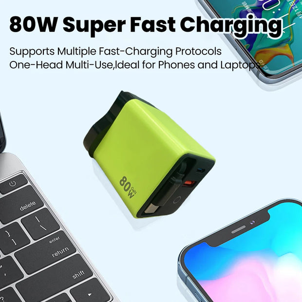 80W Super Fast Charge Type C USB Phone Charger With Telescopic USB C Cable For Iphone 16 15 Samsung Laptop With Light
