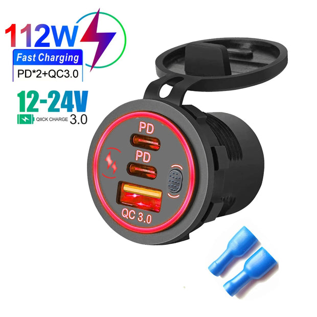 Car Charger Socket PD3.0 & QC3.0 Double USB C Ports Waterproof with LED Touch Switch 78W Fast Charging 12V/24V For Moto Adapter