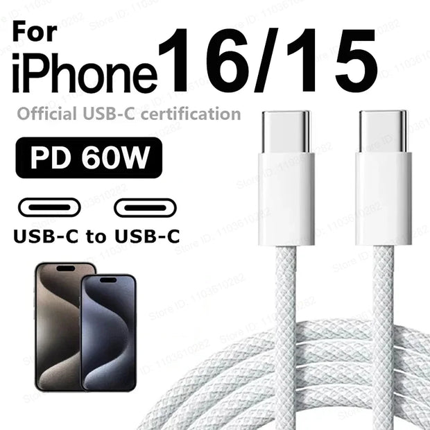 Original 60W PD USB-C USB C Fast Charger Cable For Apple iPhone 17 Air 16 Pro Max 15 Plus Type C Quick Charging Xiaomi Samsung