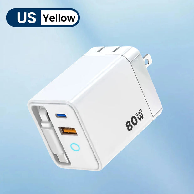 80W Super Fast Charge Type C USB Phone Charger With Telescopic USB C Cable For Iphone 16 15 Samsung Laptop With Light